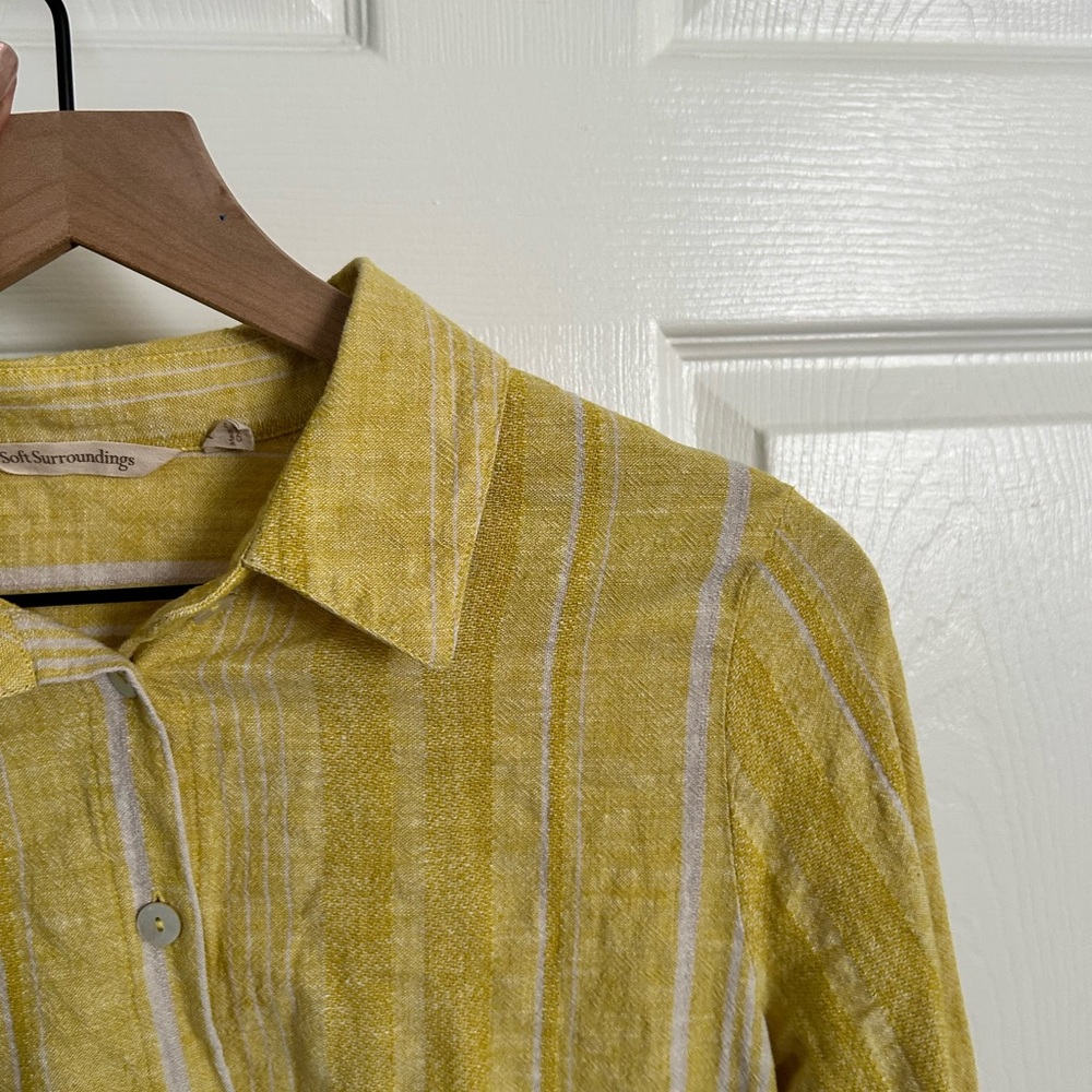 Soft Surroundings Livienne Linen Buttn down yellow striped blouse Medium Petite - Picture 9 of 10
